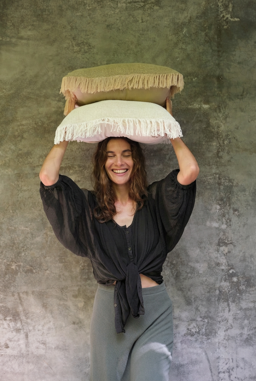 Camisa Luna en negro, anudada a la cintura, modelo con cojines sobre la cabeza