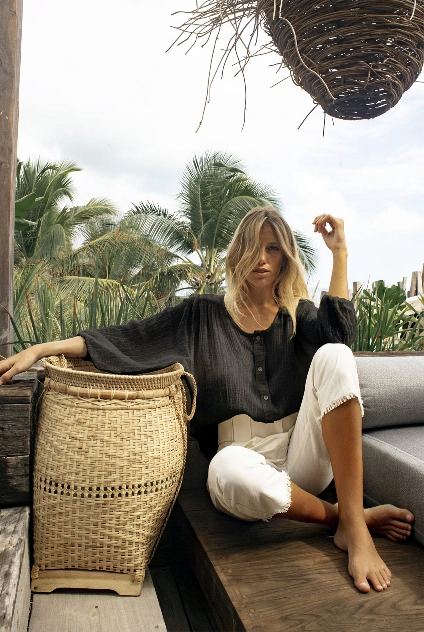 Camisa Luna en negro, modelo sentada en terraza con pantalones Ivory