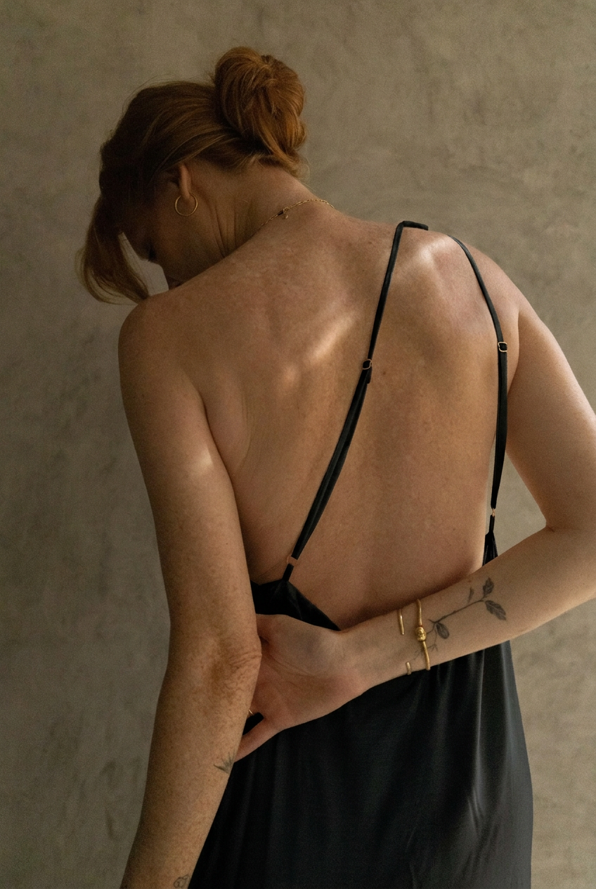 Vestido Ondina Seda negro, detalle de espalda y tirantes