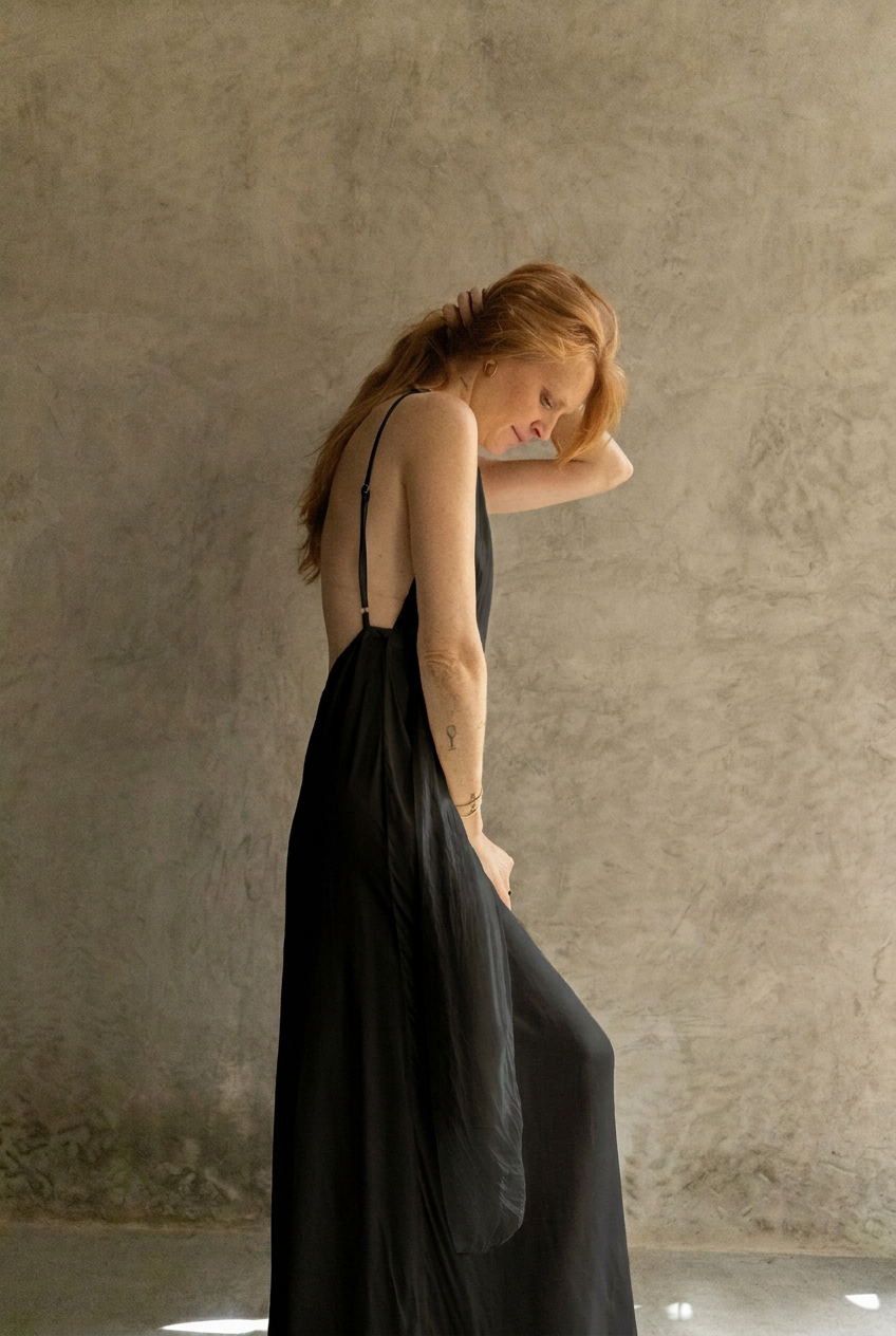 Vestido Ondina Seda negro, vista lateral