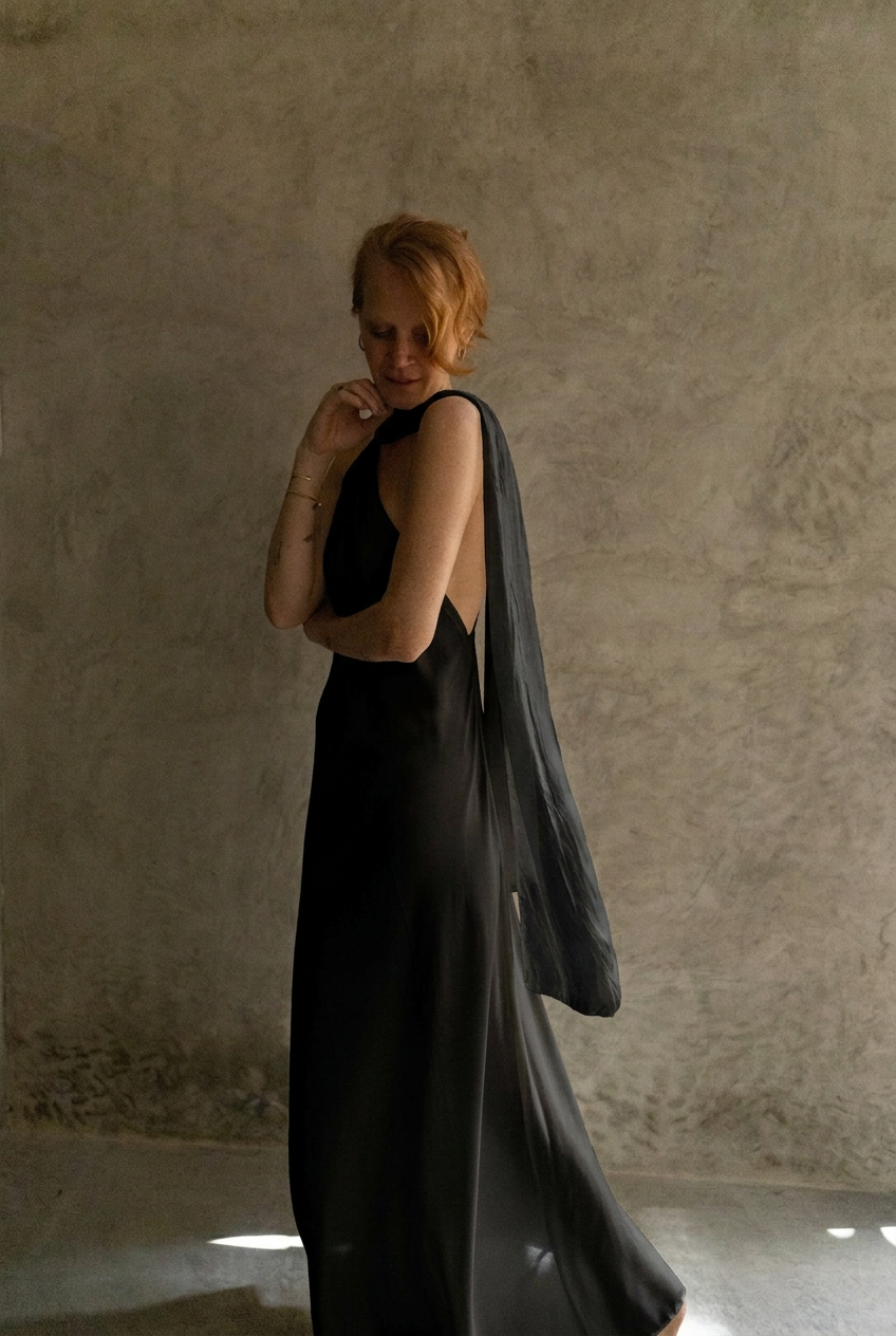 Vestido Ondina Seda negro, vista de tres cuartos