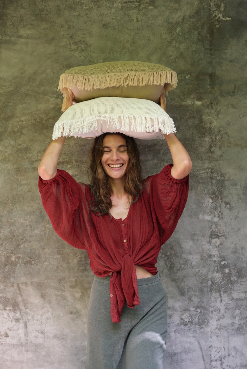 Camisa Luna en rojo, anudada a la cintura, modelo con cojines sobre la cabeza