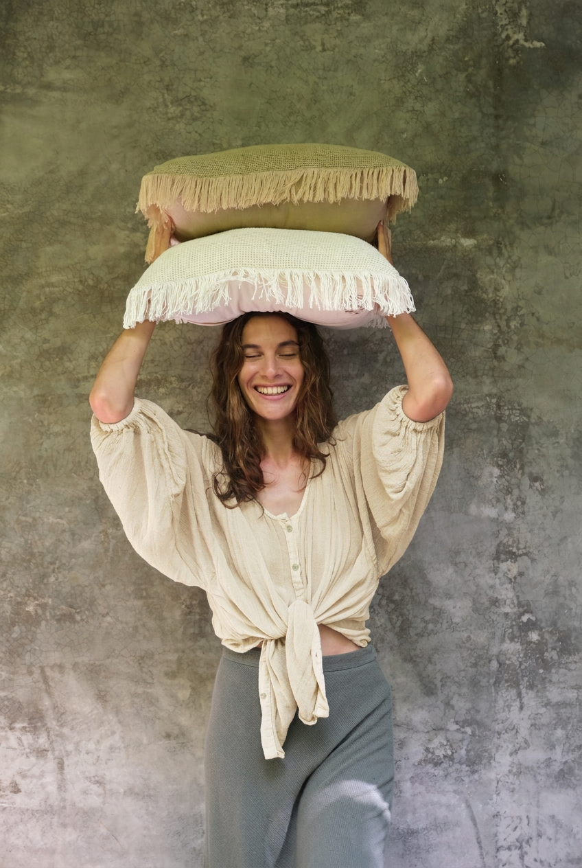 Camisa Luna en Ivory, anudada a la cintura, modelo con cojines sobre la cabeza