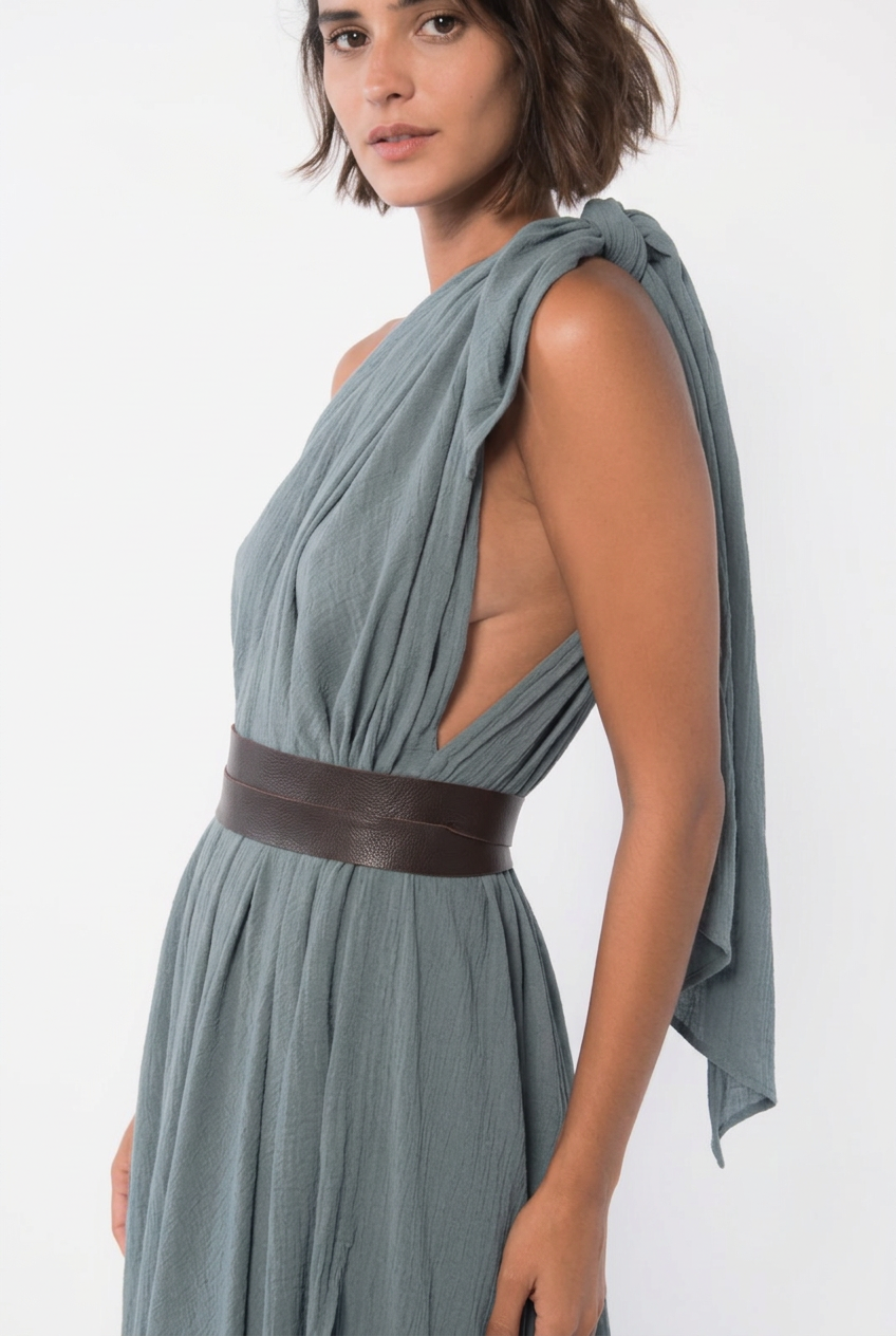 Vestido Nudo Elau celeste, detalle del nudo y cinturón