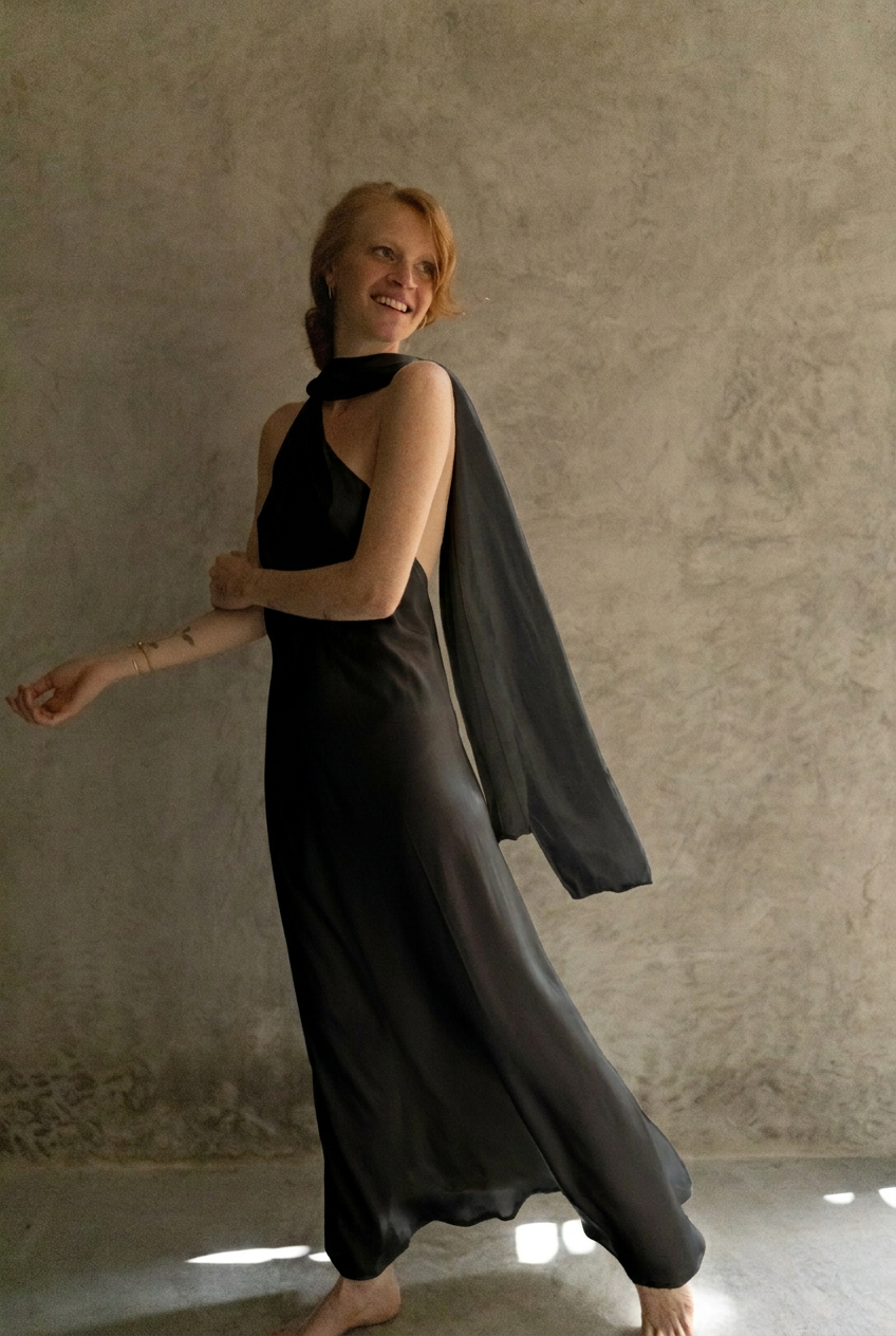 Vestido Ondina Seda negro en movimiento